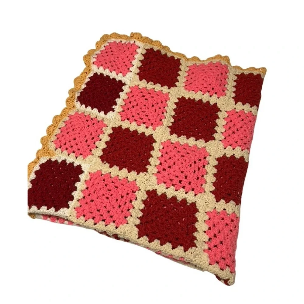 Handmade Crochet Granny Square Blanket Unisex 42x49 Pink Red Beige Cottage Throw